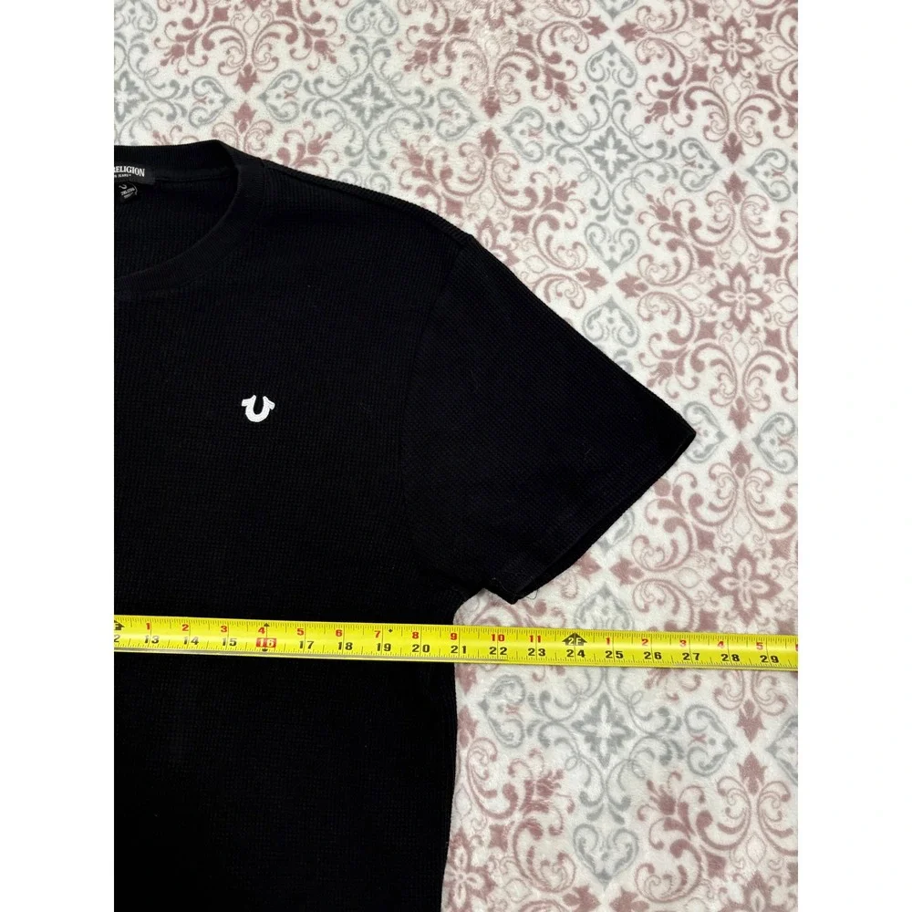 True Religion Mens 2XL Black Waffle Knit Henley Short Sleeve Horseshoe Logo Shir